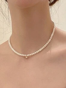 1條精緻小珍珠&迷你金球珍珠項鍊,極簡鎖骨鏈女式輕奢設計配件 - 白色 - 查看 7