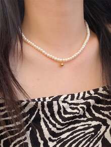 1條精緻小珍珠&迷你金球珍珠項鍊,極簡鎖骨鏈女式輕奢設計配件 - 白色 - 查看 3