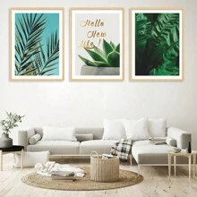 三葉無框畫,現代簡約風格聚酯纖維綠金英文口號長方形裝飾畫,適用於餐廳、客廳、臥室、書房、兒童房、家居裝飾 - 彩色 - 查看 1