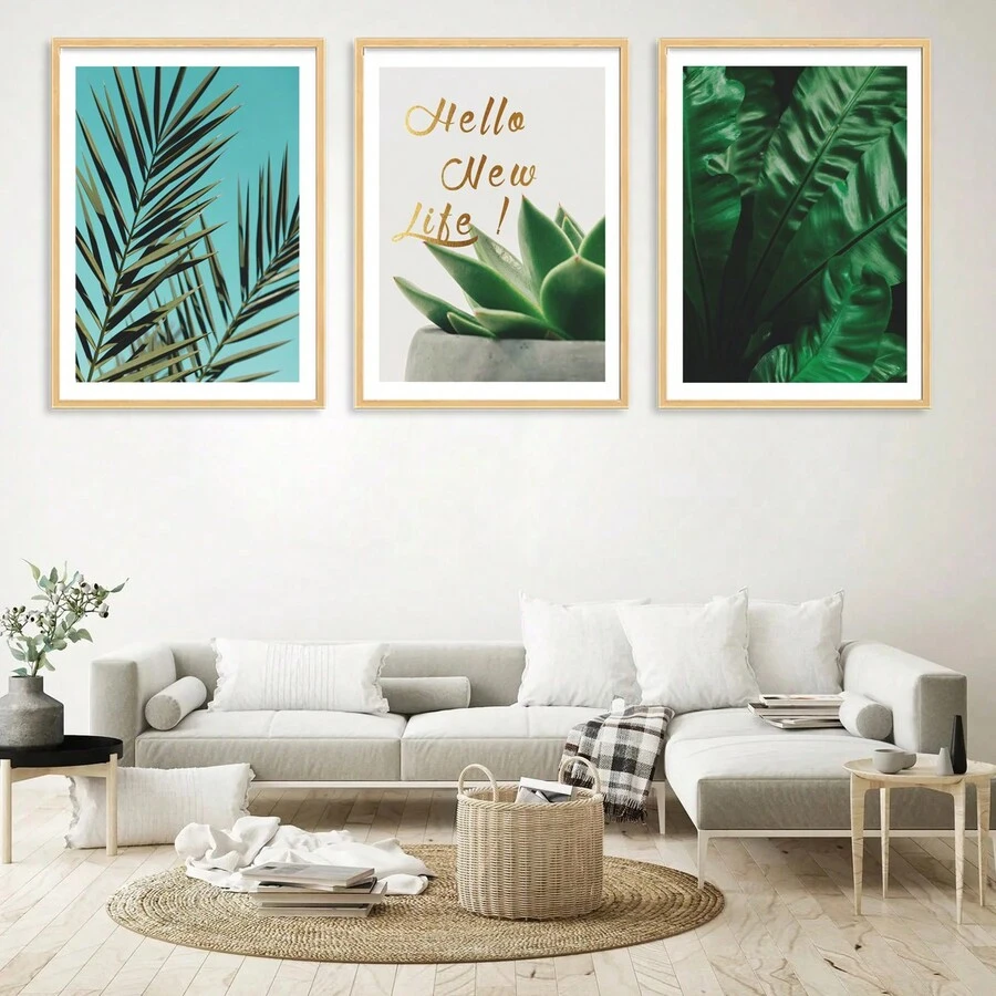 三葉無框畫,現代簡約風格聚酯纖維綠金英文口號長方形裝飾畫,適用於餐廳、客廳、臥室、書房、兒童房、家居裝飾 - 彩色 - 查看 1