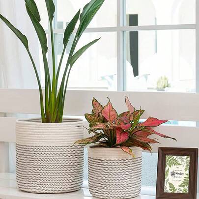 1 件装编织绳花盆篮，用于花卉和室内植物，现代家居装饰储物篮花篮
