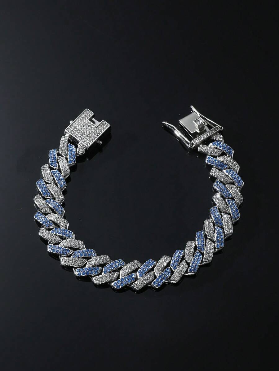 1pc Full Rhinestone Double Row Diamond-shaped Chain Necklace For Men, Hip Hop Style Daily Wear Chain Bracelet - Yellow Gold - View 1