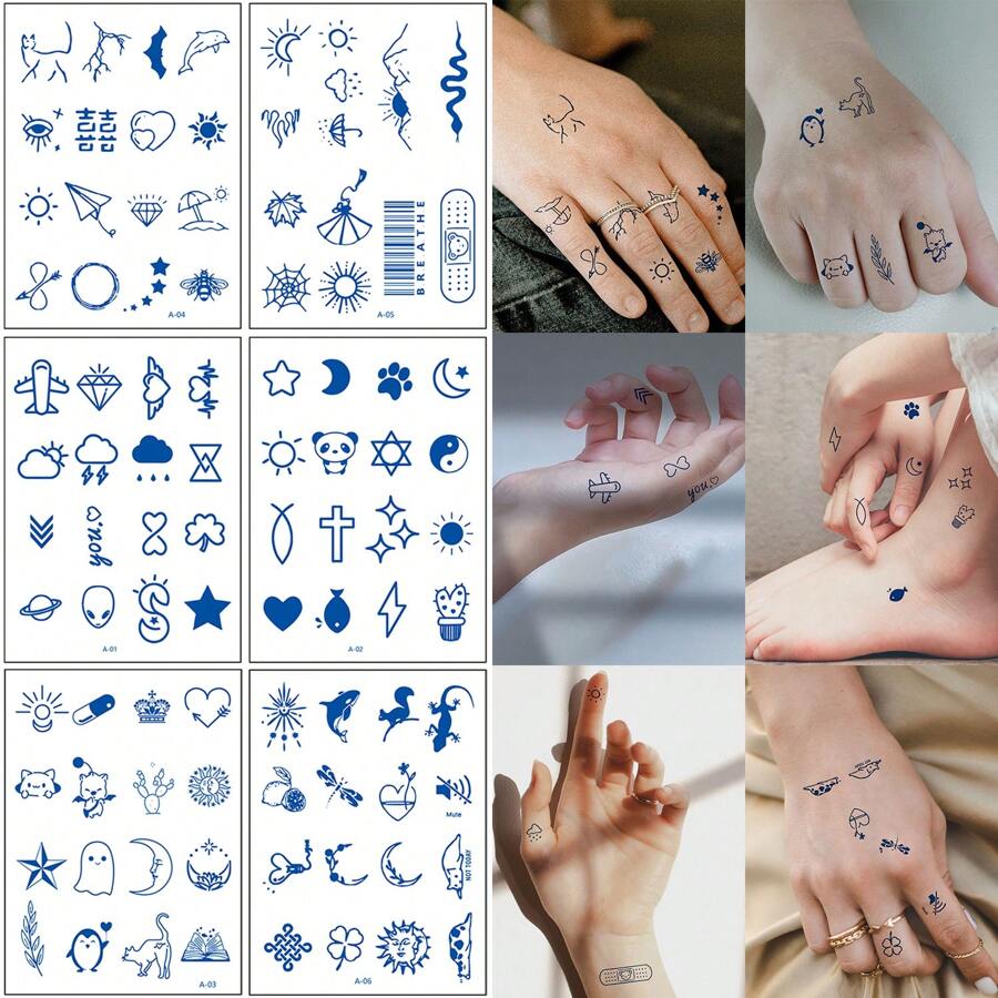 6入組草本手指暫時性紋身貼紙,防水、防汗,可長效貼約14天 - 彩色 - 查看 1