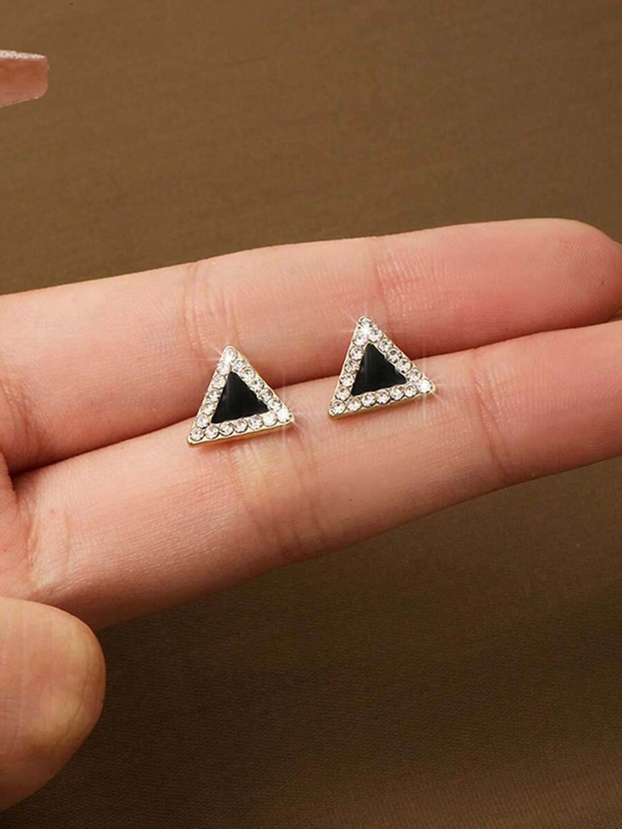 1對鑲鑽幾何三角形耳釘 - 黑色 - 查看 1