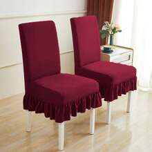 1/4pcs Plain Color Chenille Ruffled Elastic Chair Cover, All Season Use - Burgundy - View 8