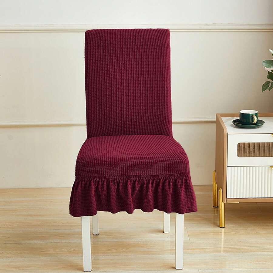 1/4pcs Plain Color Chenille Ruffled Elastic Chair Cover, All Season Use - Burgundy - View 1