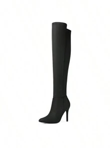 Women's Sexy Long Stretch Over The Knee Thigh High Boots Fashion Pointed Toe Stiletto High Heels Boots With Elastic Shaft And Side Zipper For Autumn Party Prom Festival Wearing - DA LỘN MÀU ĐEN - Xem 2