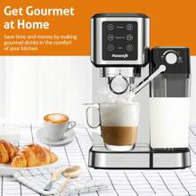 Aeomjk六合一義式咖啡機,內置奶泡器,20bar水泵,觸控按鈕,單/雙槍咖啡選擇,適用於卡布奇諾和拿鐵,xl1.0-l水箱,不鏽鋼材質 - 銀色 - 查看 4