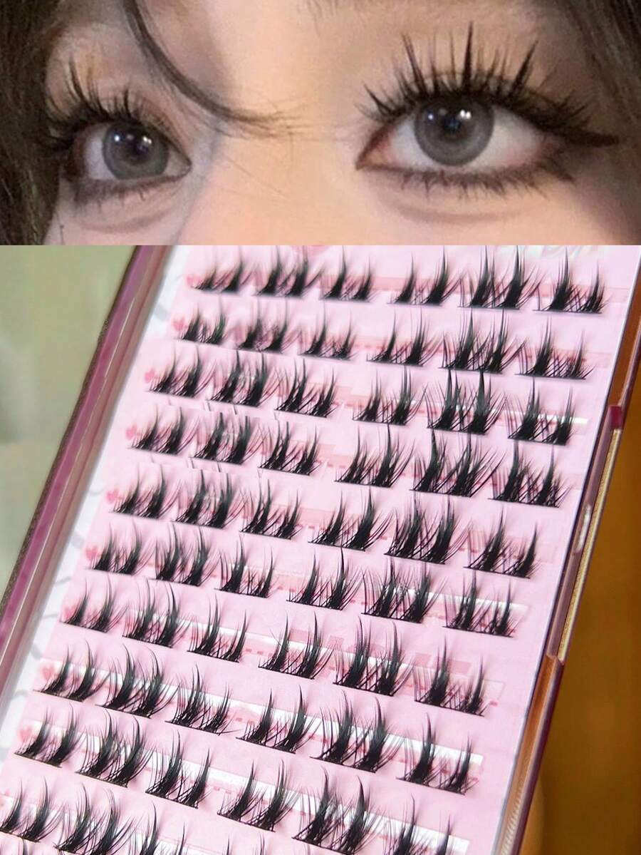 72pcs Cluster Style False Eyelashes, 12rows, Natural Cross Curl And Long, Soft And Adorable, Multiple Wearing Time, Daily Wear - Black - View 1