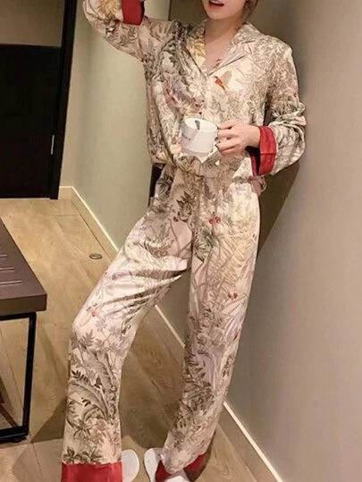 Women's Ice Silk Pajamas Set, Long Sleeve Homewear Set, Thin Imitation Silk Summer Style