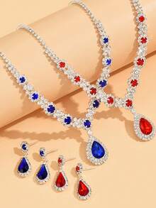 3 件/套紅色新款時尚奢華水晶寶石吊墜項鍊和耳環女式,適合日常佩戴