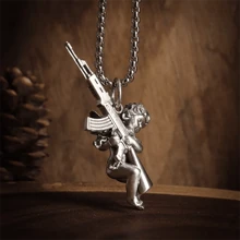 SeuSuk Men's Unique Stylish Fashionable Cool Hiphop Punk Rock Angel Machine Gun Pendant Necklace Gift - Gold - View 3
