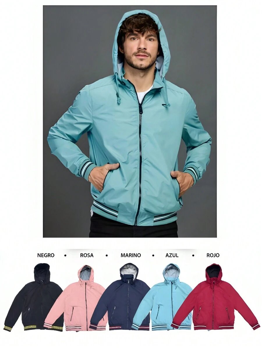 時尚男士可拆式連帽薄防水外套,帶口袋和拉鍊 - 藍色 - 查看 1