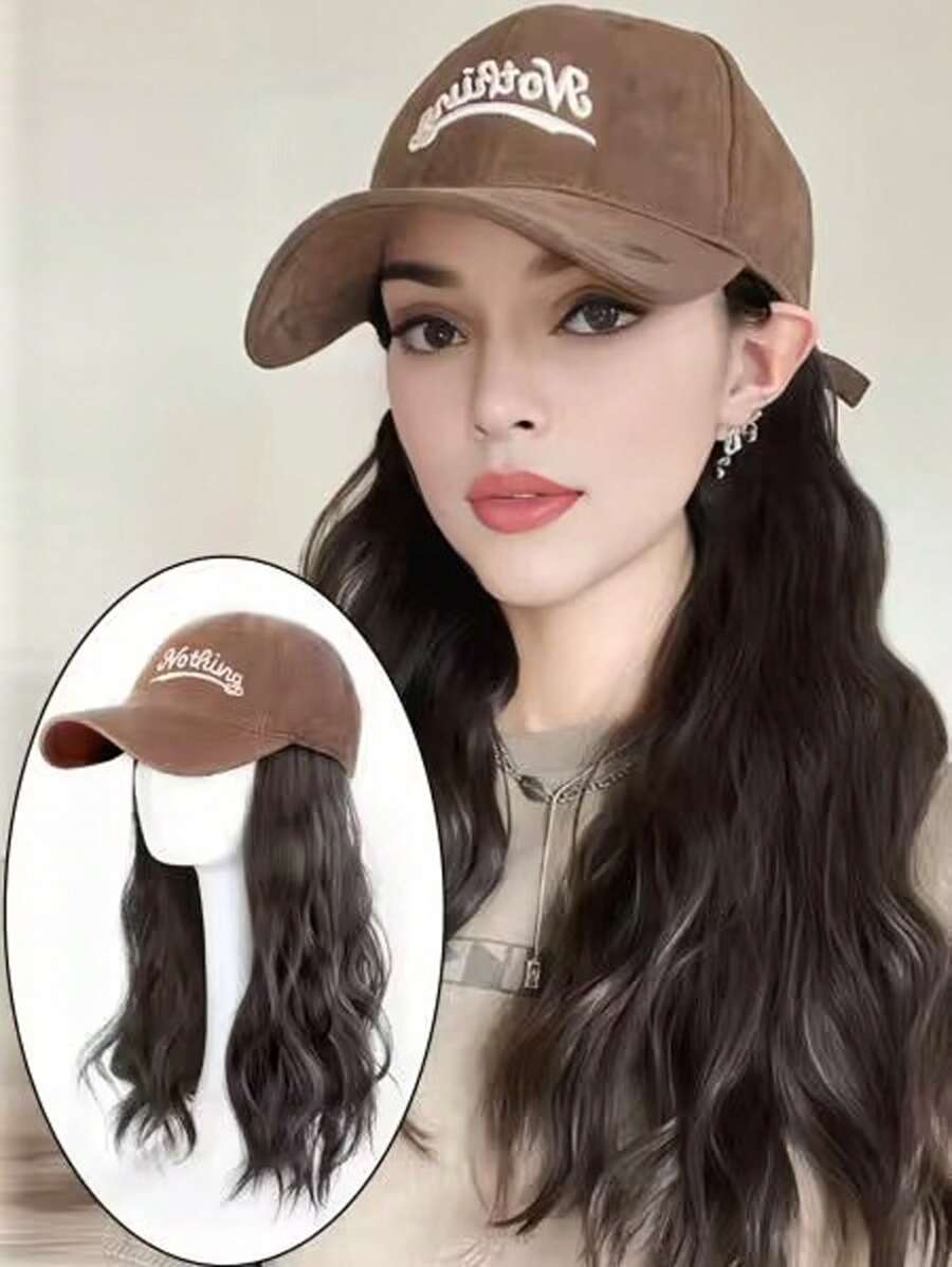 帽子假髮全頭套裝模擬頭髮流行蓬鬆長卷髮棒球帽假髮套裝 - Dark Brown - 查看 1
