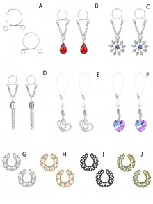 CIZME 2件套 假乳环 不锈钢无穿孔乳环 夹式乳环 仿身体穿刺饰品 男女通用 - 彩色 - 查看 12