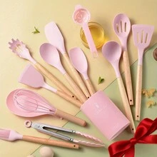 14pcs/set Silicone Utensil Set, Safety Cooking Utensils With Storage Bucket, Non-Stick Cooking Utensils With Wooden Handle, Cookware, Kitchen Utensil Set - Pink 14-piece set - View 2