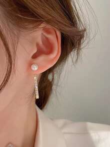 BALMORA 一對精美的韓國S925純銀珍珠長流蘇耳環閃亮的立方氧化鋯耳釘適合女性在聖誕假期生日派對時佩戴 - 金色 - 查看 4