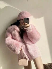 1頂女性厚實毛絨舒適暖和的桶帽,淡粉紅色假貂毛帽子,適用於攀登、滑雪、騎行、日常使用等冬季戶外運動,2023新品質,是送女友或街頭打扮的理想禮物 - 粉色 - 查看 4