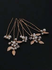 1 Set Gold Leaf Five-Star Crystal Faux Pearl Multi-Combination Wearable Minimalist Bridal Hair Pin Headpiece, Suitable For Wedding, Daily, Party - Gold - View 4