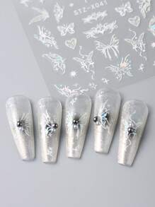 2入組白色鏡面蝴蝶紋指甲貼紙，雷射蝴蝶星粘貼滑塊時尚3D指甲藝術貼紙裝飾貼紙DIY - 白色 - 查看 5