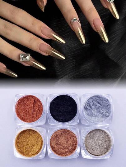مجموعة 6 علب من مسحوق المرآة السحرية، مسحوق لامع صبغة معدنية لتزيين الأظافر للعطلات وموسيقى المهرجانات DIY، سحر الأظافر، أحجار الأظافر، لوازم الأظافر