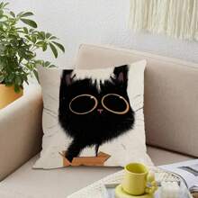 4pcs Cute Black Line Cat Pattern Pillow Case Set, Breathable And Stain-resistant Linen Single-sided Printed Pillow Suitable For Home And Living Room Decoration - Multicolor - View 4