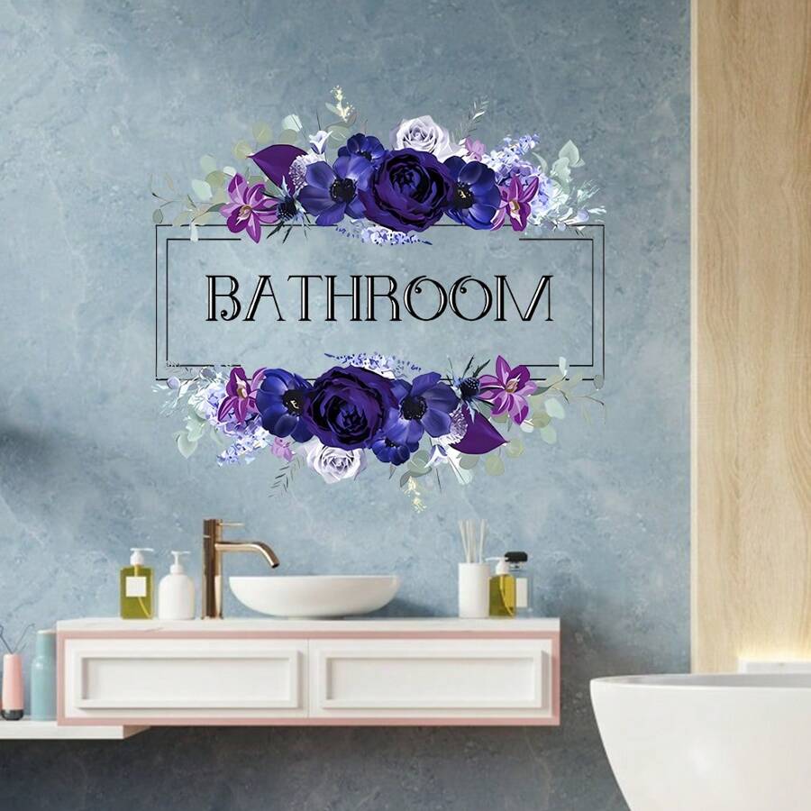 Bathroom Purple Flower Decal Door Sign Sticker Removable PVC Wall ...