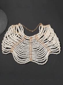 1pc European And American Style Exaggerated Multi-layer Handmade Pearl Necklace, Wedding Fashion Accessory - Multicolor - View 4