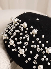 1 Stück Unisex schwarze Baskenmütze mit Y2K-Stil Perlen- und Strass-Verzierung, perfekt für Outdoor, Lässig und täglichen Wintertrag, Halloween