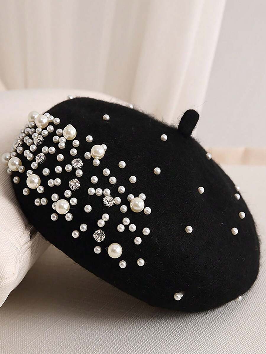 1 Stück Unisex schwarze Baskenmütze mit Y2K-Stil Perlen- und Strass-Verzierung, perfekt für Outdoor, Lässig und täglichen Wintertrag, Halloween
