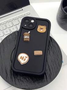 1pc Simple Coffee Cartoon Bear Diy Camera-lens Protective Silicone Shockproof Phone Case Compatible With Iphone 15 14 13 12 11 Pro Max - Multicolor - View 3