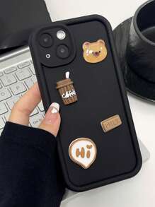 1pc Simple Coffee Cartoon Bear Diy Camera-lens Protective Silicone Shockproof Phone Case Compatible With Iphone 15 14 13 12 11 Pro Max - Multicolor - View 1