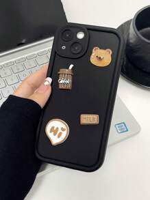 1pc Simple Coffee Cartoon Bear Diy Camera-lens Protective Silicone Shockproof Phone Case Compatible With Iphone 15 14 13 12 11 Pro Max - Multicolor - View 2