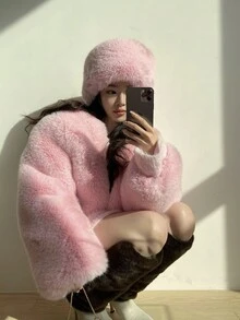 1頂女性厚實毛絨舒適暖和的桶帽,淡粉紅色假貂毛帽子,適用於攀登、滑雪、騎行、日常使用等冬季戶外運動,2023新品質,是送女友或街頭打扮的理想禮物 - 粉色 - 查看 3