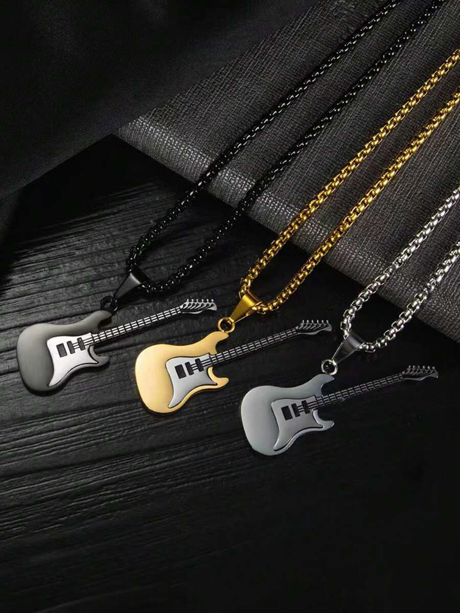 1件男女通用时尚嘻哈个性化街舞吊坠饰品，创意吉他造型项链