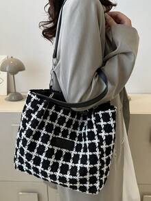 Women's Plaid Patchwork Shoulder Bag For Daily Commute In Spring And Summer - Black and White - View 5