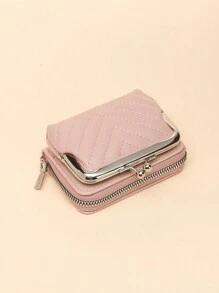 復古純色包,簡單多才的真皮錢包,帶插鈕,適用於女性時尚休閒信用卡組織者與持有者 - 粉色 - 查看 2