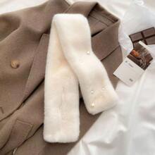1pc Cross-knotted Rabbit Fur Scarf With Pearl Button, Thickened, Suitable For Women In Winter - White - View 3
