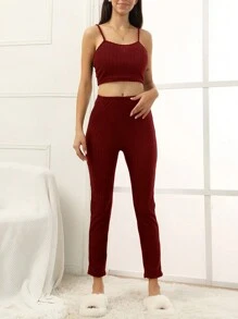 Mass Rib紋紋路運動服,實色款式,適用於家居、秋冬季節 - 酒紅色 - 查看 5