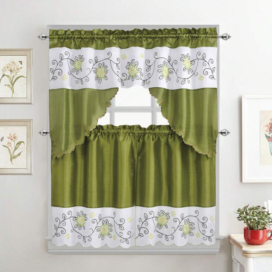 1 Set Modern Style Floral Pattern Kitchen Window Curtains, 100% Polyester Embroidered 3-Piece Curtains (SWAG 58"X36"-1PC 2X28"X36"-2PCS), Suitable For Daily And Festival Home Use - Green - View 1