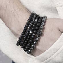 RINTOLER 5pcs/Set Retro & Unique Design Matte Lava Stone Beaded Bracelet With Spacer Beads, Rhinestone Balls And Elastic Cord - Black - View 4