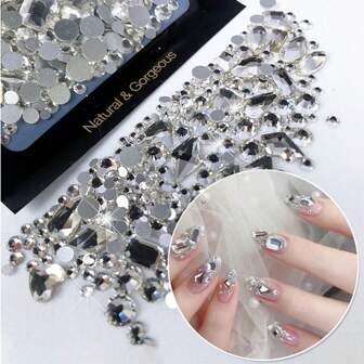 150 颗平底圆形水钻加 20 颗平底奇形大方晶锆石黑色蓝色月亮指甲水钻 DIY 指甲饰品指甲宝石美甲用品指甲