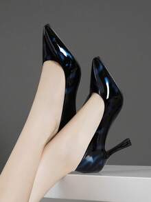 春秋季節女性黑色尖頭針跟高跟鞋,低口鞋面適用於職業或工作用途 - 藍色 - 查看 2