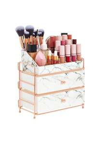 Glamlily White Marble Makeup Organizer With Rose Gold Trim, Cosmetic Storage Drawers For Vanity (9.5 X 9.5 X 5.5 In) - White - View 5