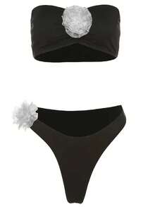 Ladies' 3d Flower Detail Bandeau Two-Piece Bikini Set Summer Beach - Black - View 5