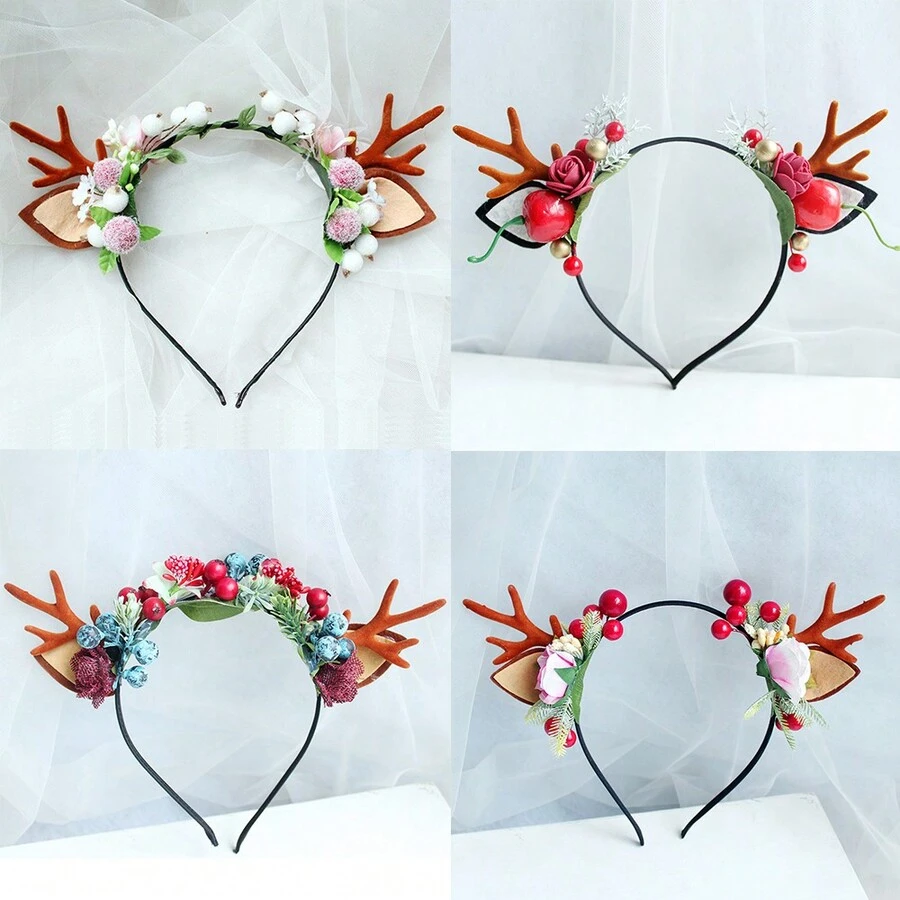 1 件可爱森系仿真花浆果鹿角设计头带，适合女孩、圣诞节/派对/林地主题拍摄配饰