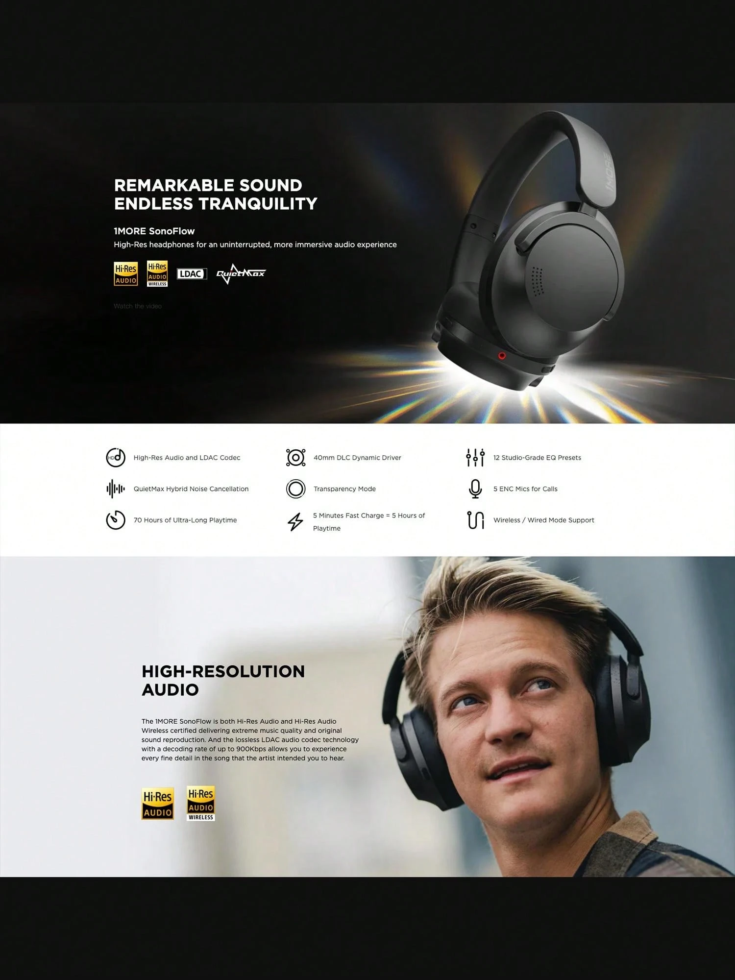 1MORE Over-Ear Kopfh\u00f6rer SonoFlow Aktiv Ger\u00e4uschunterdr\u00fcckende Kabellose Kopfh\u00f6rer, Mit LDAC F\u00fcr ...