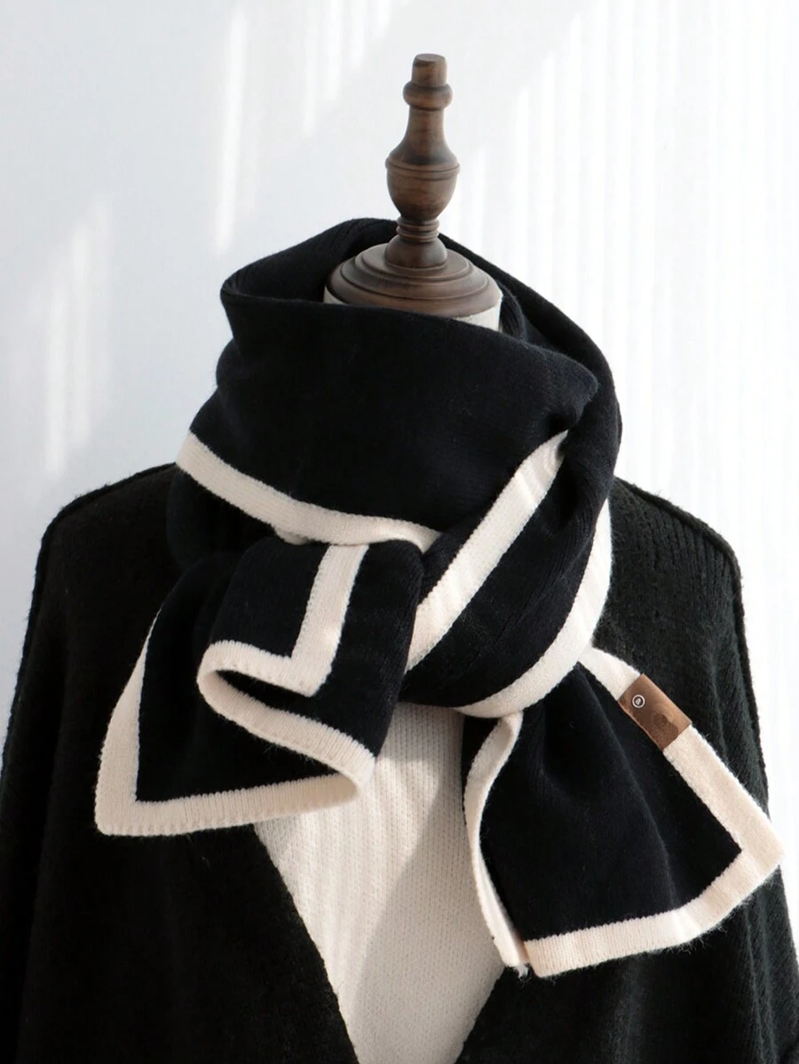 黑色针织羊毛围巾，纯色，时尚，简约个性化，情侣情趣围巾，女士围巾 - 黑色 - 查看 1