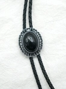 pooting bear 1pc Western Cowboy Style Vintage Black Onyx Bolo Tie, Fashionable Unisex Necktie With Decorative Clasp And Long Chain Street,School - Black - View 6