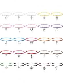 25入組蝴蝶龜心形星形海星手織防水腳鏈，波西米亞夏季足飾，可調式腳踝、腰間鏈 - 黑色 - 查看 2